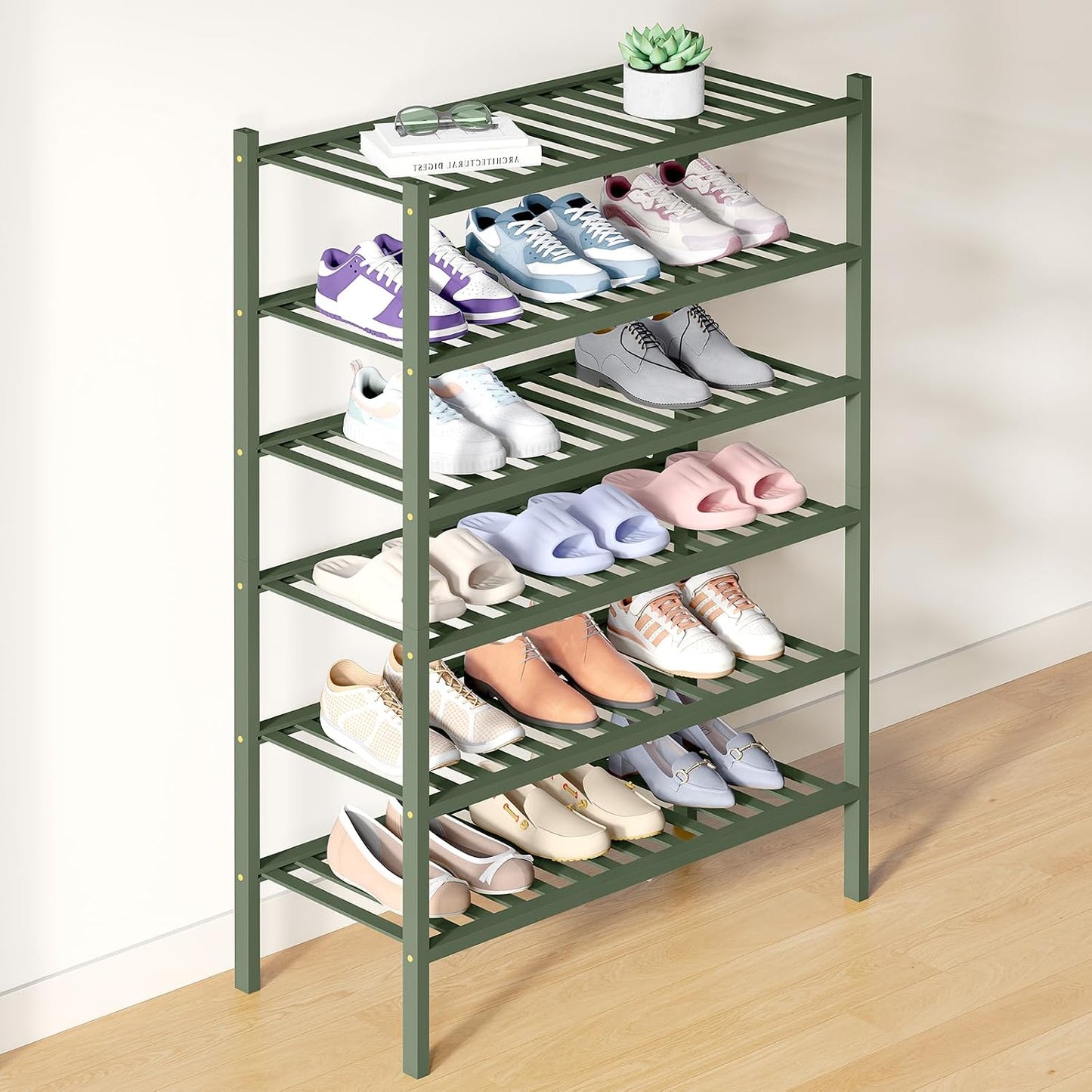 Smiry Bamboo Shoe Rack for Closet, 3 Tier Wooden Shoe Organizer, Stackable Wood Shoe Storage Shelf for Entryway, 14 Vertical Slats, One-piece Heavy-Duty Legs, 26.77"x11.02"x18.31", Natural