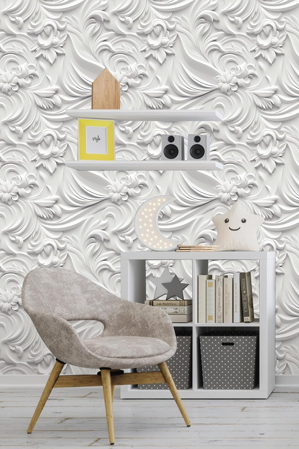 Floral Peel and Stick Wallpaper 3D Effect Interior Wall Décor Contact Paper Self Adhesive Removable Renter Friendly for Bedroom Living Cabinet Room 17.7in x 9.8ft (Not Textured Wallpaper