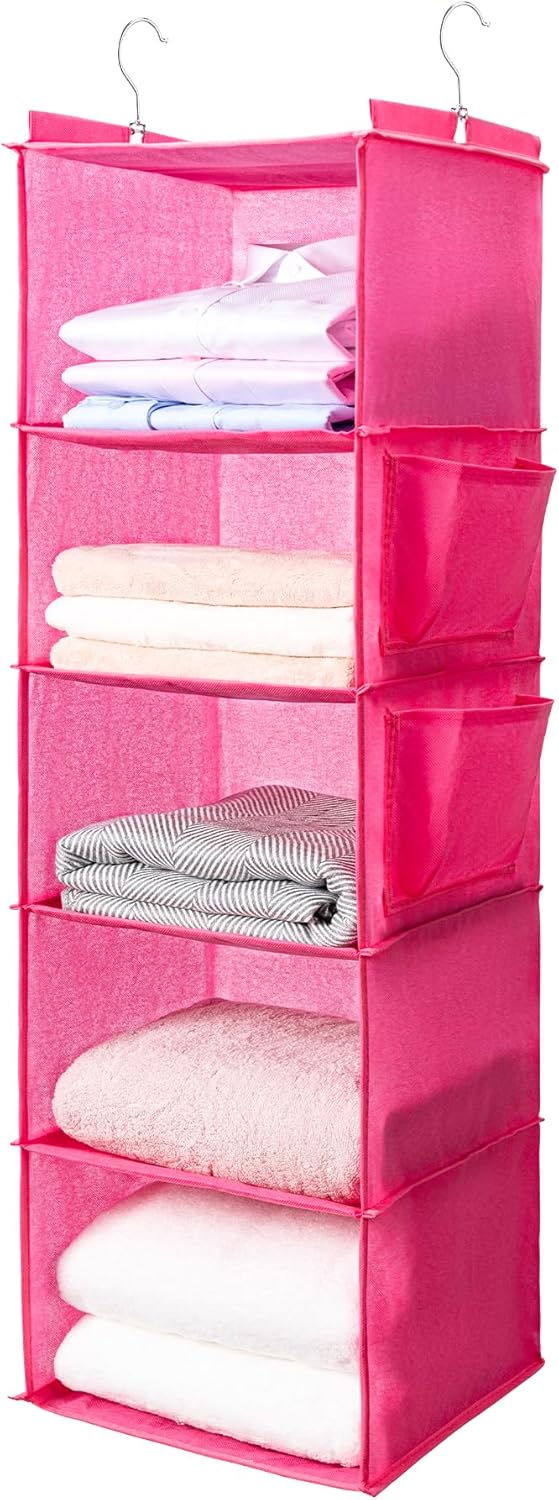 BOOMIBOO Hanging Closet Organize and Shelves，5-Hanging Shelf with 2 Side Pockets，Storage Foldable （Grey）