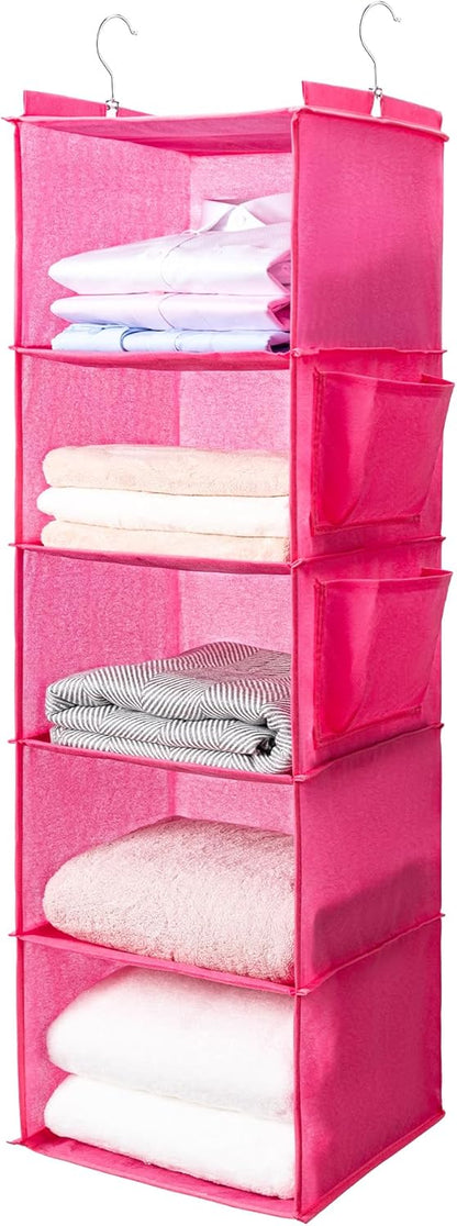 BOOMIBOO Hanging Closet Organize and Shelves，5-Hanging Shelf with 2 Side Pockets，Storage Foldable （Grey）