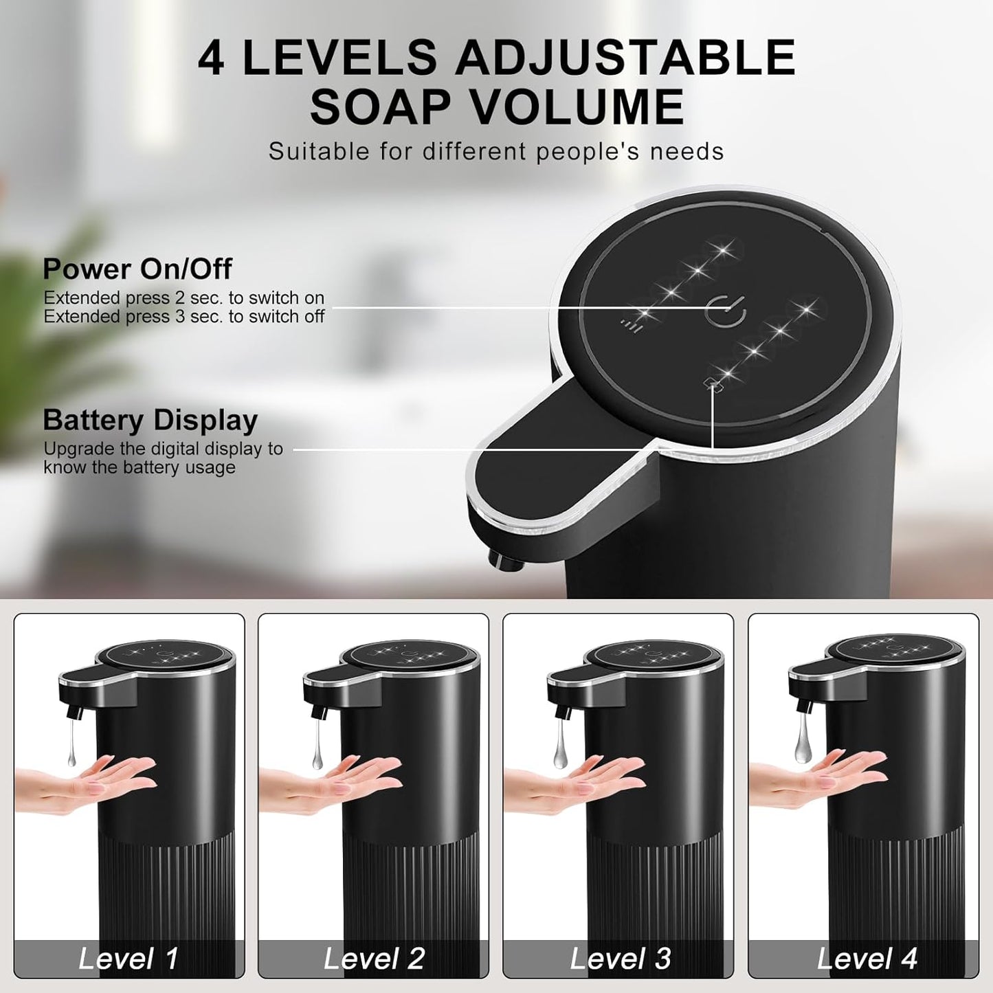 GuDoQi Automatic Touchless Liquid Soap Dispenser, 4-Level Adjustable Foam, USB Rechargeable Hand Soap Dispenser for Bathroom, Kitchen Countertops, 12.2oz/360mL, Black