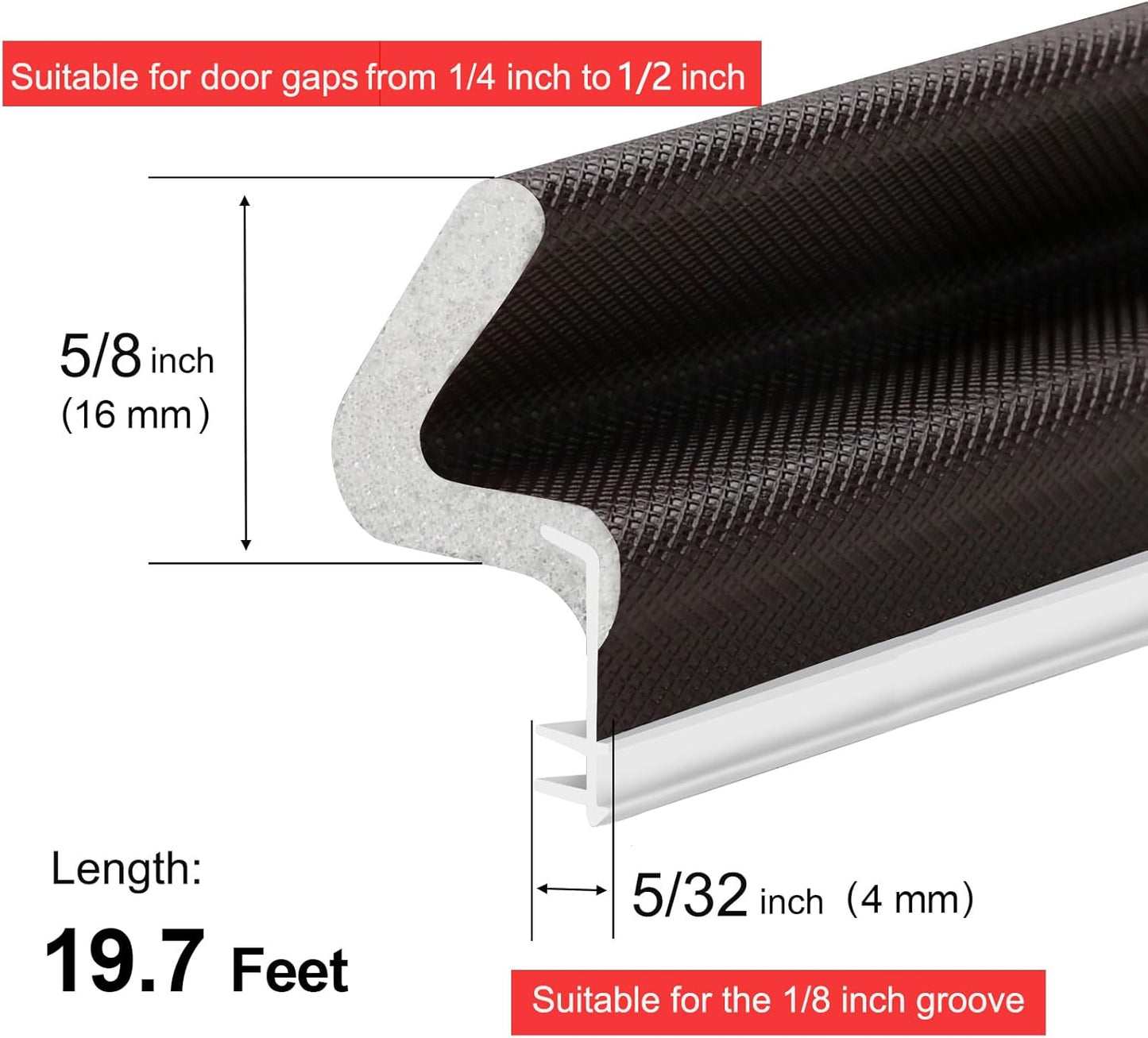 40FT Kerf V‑Shaped Weather Stripping Door Seal, Press‑in Seal for Pre‑Cut Slot Doors, Not Self‑Adhesive, Soundproof Draft Blocker for Exterior Front Doors, Fits Large Gaps, Easy DIY Install (White)