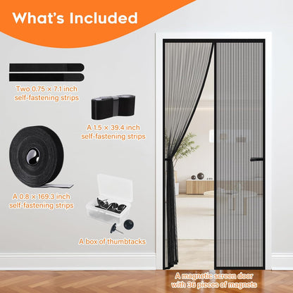 Magnetic Screen Door, Screen Door Mesh, Heavy-Duty Mesh Curtain, Door Net Keep Bugs Out, Hands Free Partition, Screen Size 38” × 83”, Fits 36” × 82” Doors, Pet & Kid Friendly, Black