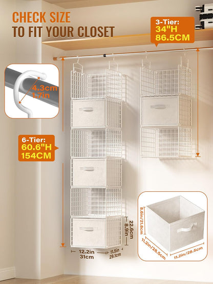 Hanging Closet Organizer, 4 Tier Metal Closet Organizers and Storage with 4 Hanging Hooks 4 S-Hooks for Wardrobe Laundry Room, Wire Storage Shelf for Clothes Sweaters Pants (White)