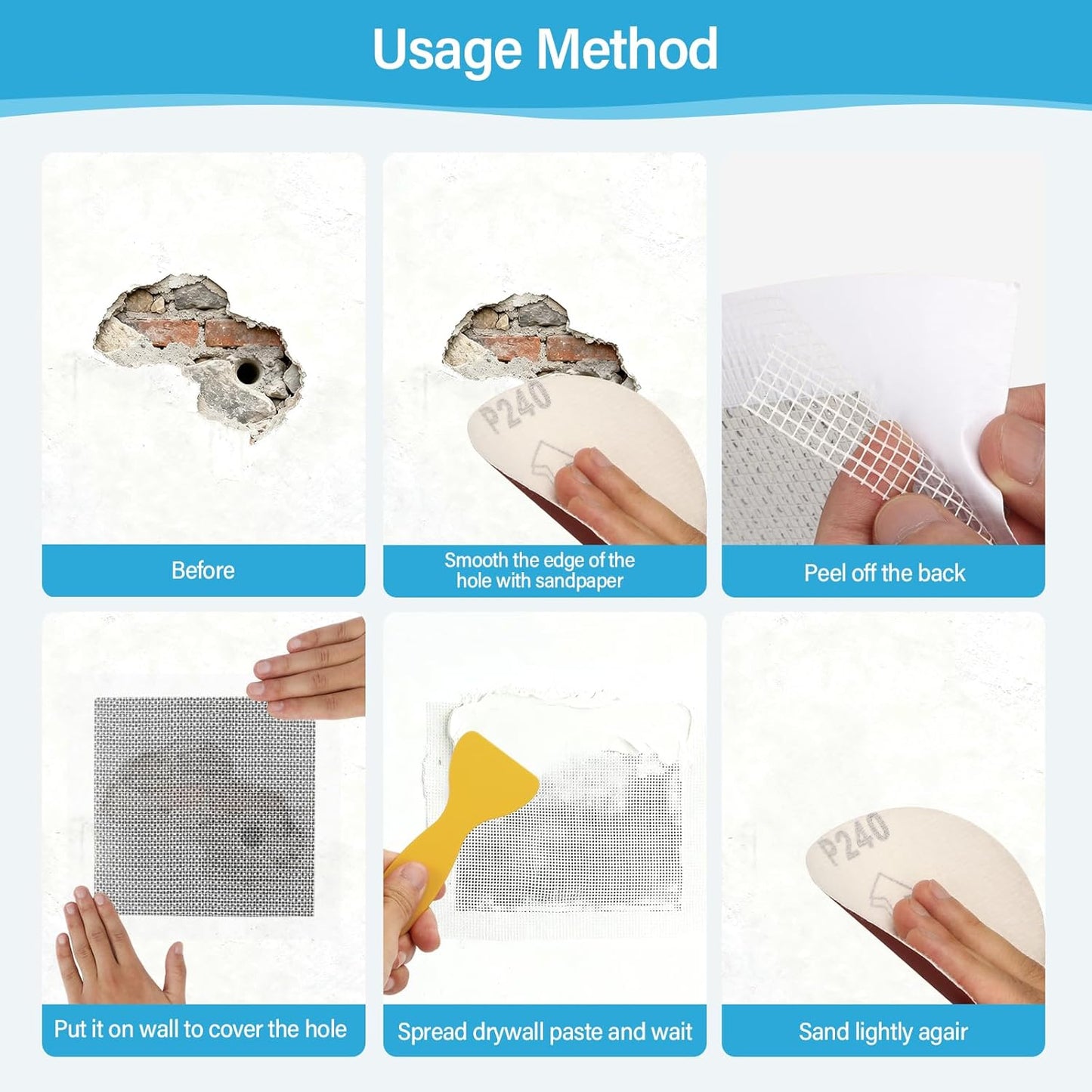 25 Pcs Drywall Repair Kit - 20 Self-Adhesive Mesh Patches for Walls (2/4/6/8 Inch), 2 Scrapers, 2 Sandpapers, 1 Gloves, Heavy Duty Large Hole Patch Repair for Drywall & Wall Holes