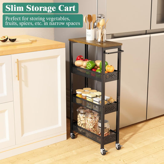 Giwil Slim Storage Cart 5 Tier Narrow Kitchen Rolling Cart on Wheels for Small Space, Metal Utility Cart Narrow Bathroom Storage Cabinet Mobile Shelf Unit Organizer with Wood Top and Handle, Black