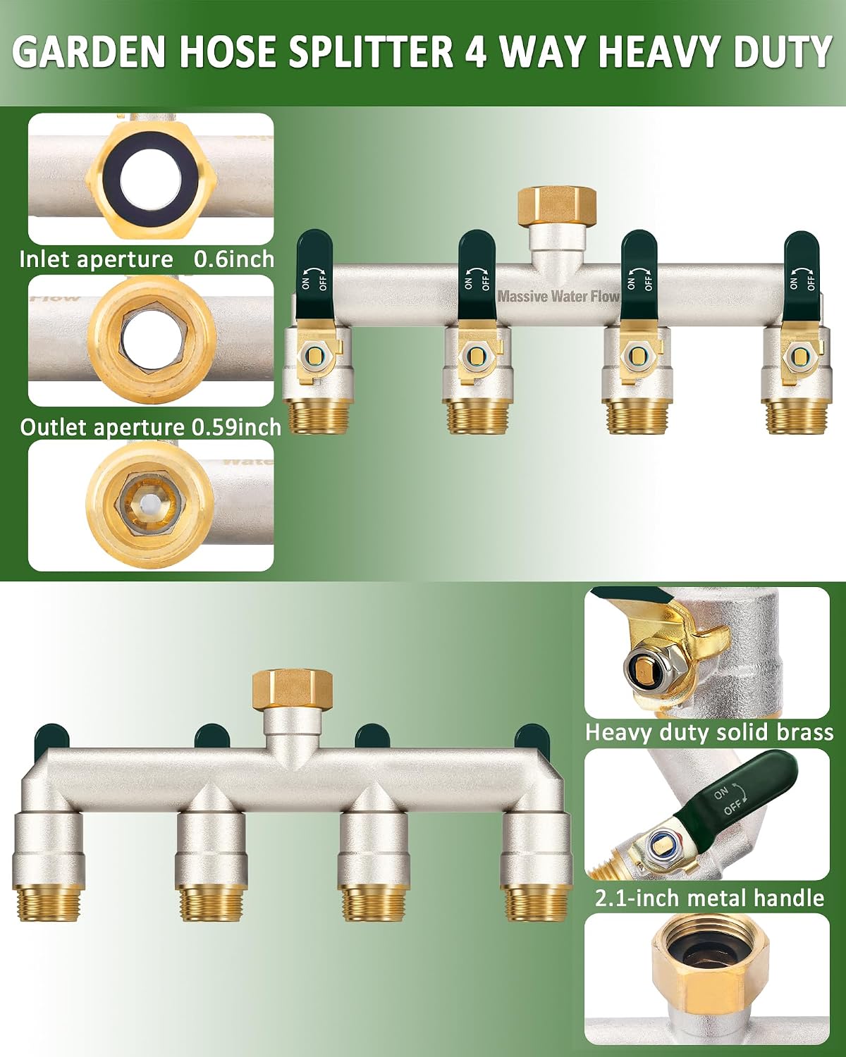 4 Way Hose Splitter, Heavy Duty Full Flow Garden Water Hose Bib Spigot Splitter, Brass Rust and Freeze Resistant Outdoor Faucet Splitter, T Adapter Connector with 3/4 - Inch GHT Thread （Black）