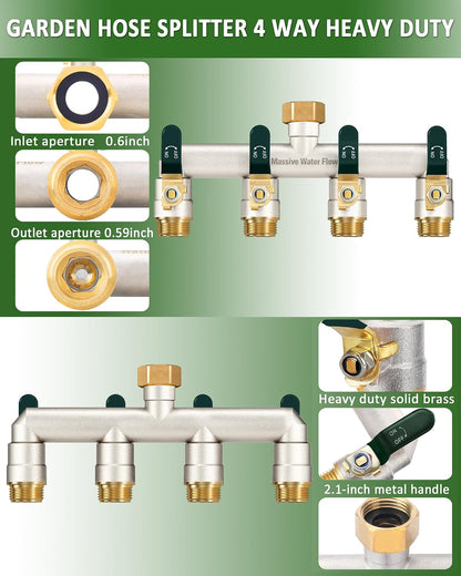 4 Way Hose Splitter, Heavy Duty Full Flow Garden Water Hose Bib Spigot Splitter, Brass Rust and Freeze Resistant Outdoor Faucet Splitter, T Adapter Connector with 3/4 - Inch GHT Thread （Black）