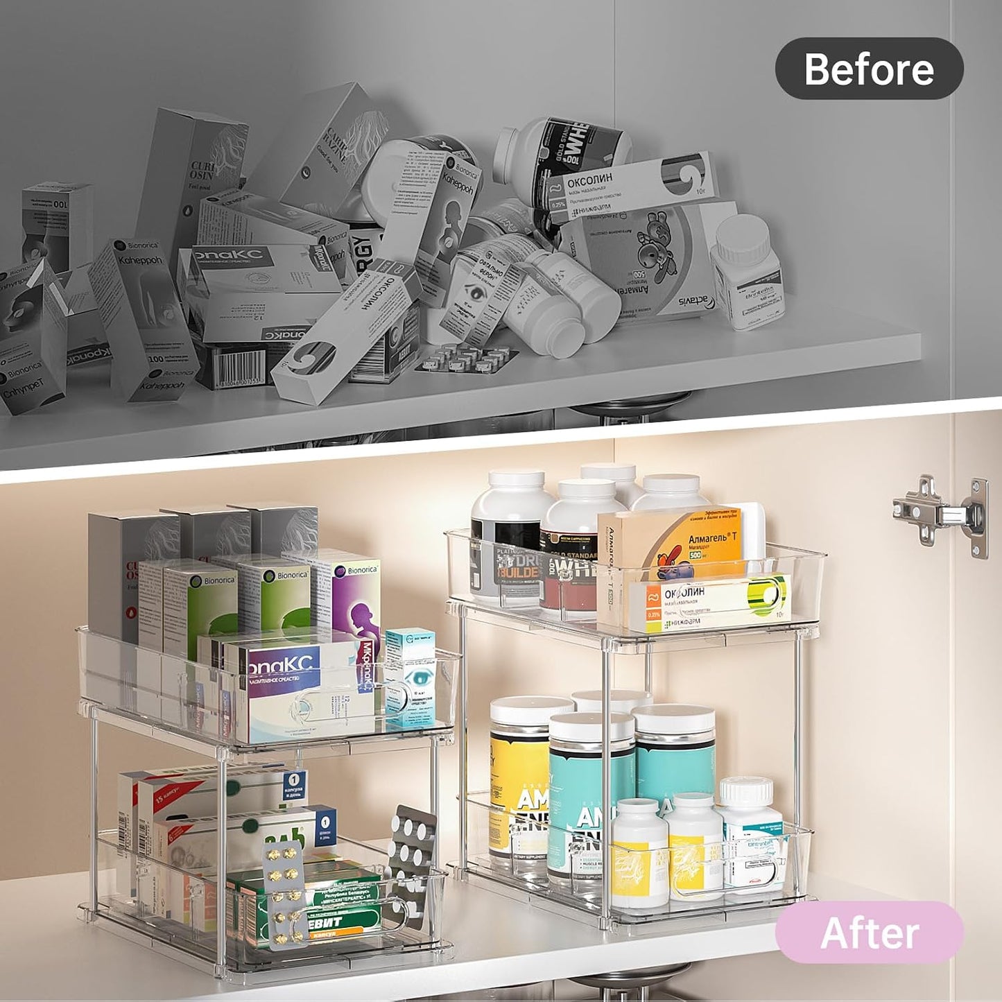 Delamu 2 Tier Under Sink Organizer Bathroom, Bathroom Cabinet Organizer with Snap-Lock Design and Hooks, Pull Out Storage with Movable Dividers, for Countertop, Kitchen and Pantry (Clear, 2 Pack)