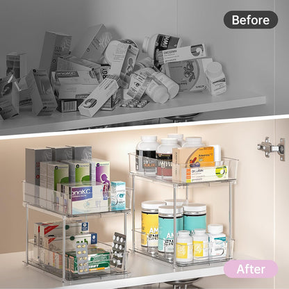 Delamu 2 Tier Under Sink Organizer Bathroom, Bathroom Cabinet Organizer with Snap-Lock Design and Hooks, Pull Out Storage with Movable Dividers, for Countertop, Kitchen and Pantry (Clear, 2 Pack)