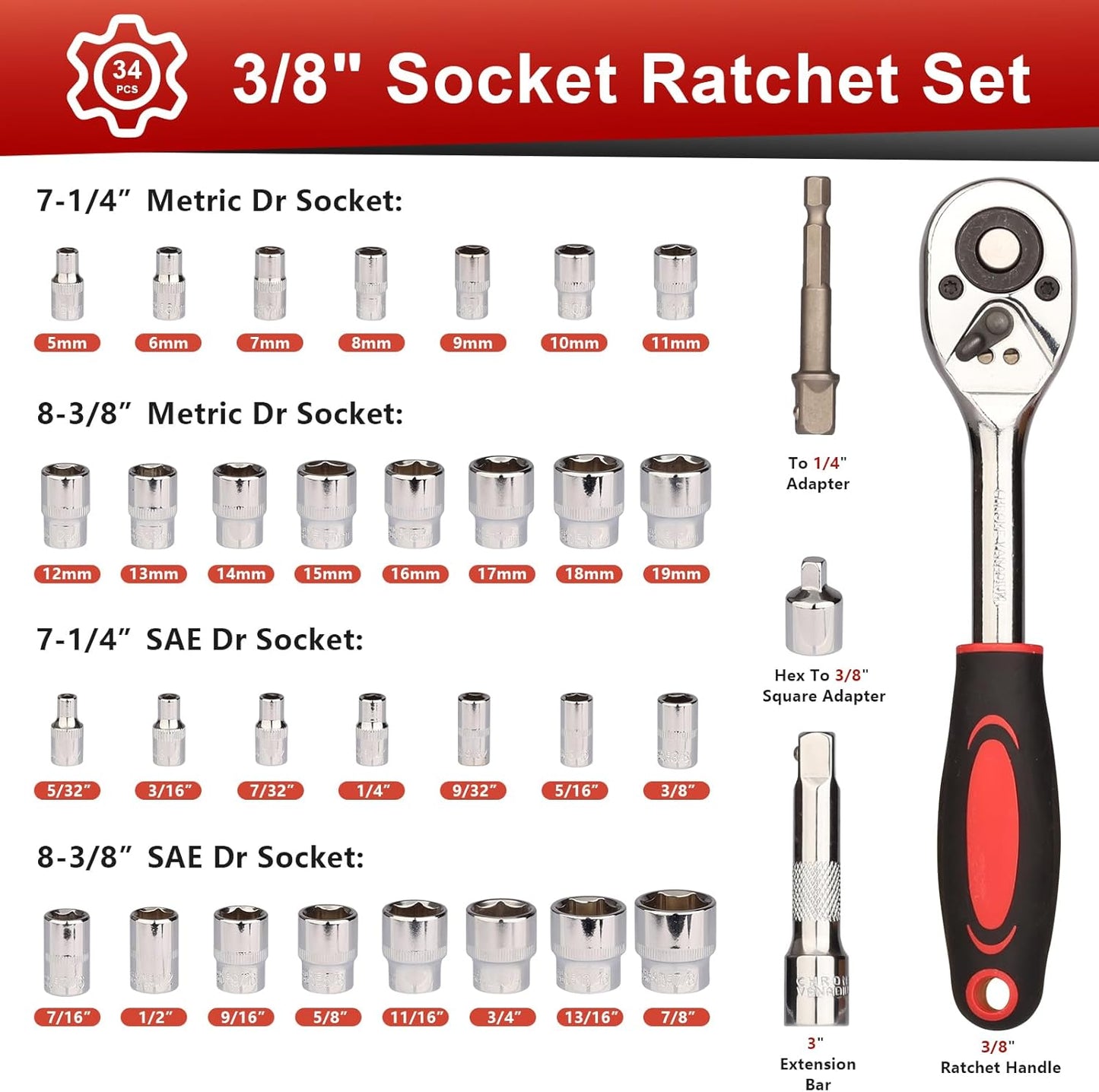 Egofine 46 Pieces 1/4 inch Drive Socket Ratchet Wrench Set, with Bit Socket Set Metric and Extension Bar for Auto Repairing and Household, with Storage Case