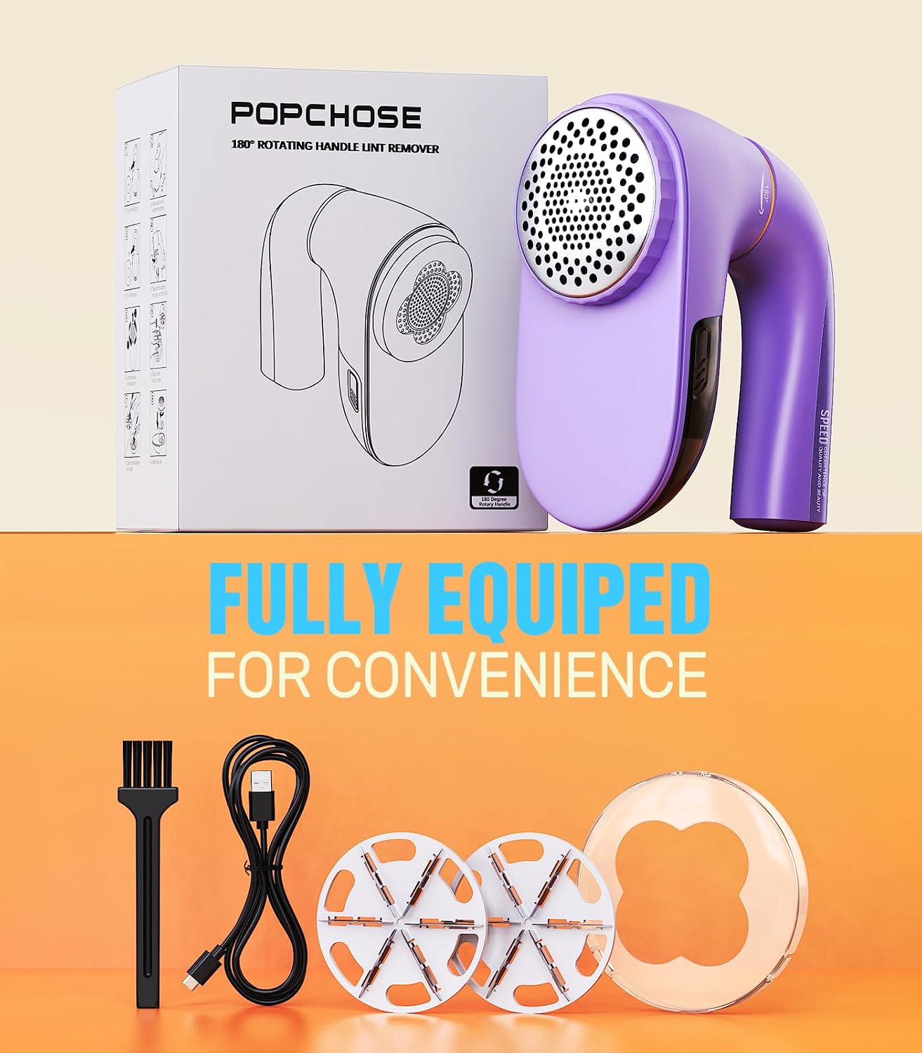 POPCHOSE Fabric Shaver, Lint Remover for Clothes, Lint Shaver with 6-Leaf Blades & 2 Speed, 2000mAh Rechargeable, Sweater Shavers to Remove Pilling, Electric Lint Remover for Couch, Furniture, Fuzz
