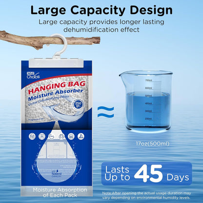 W&E Choice Hanging Moisture Absorbers Hanging Bag for Your Closet, Dehumidifier Bags for Bathroom, Unscented Humidity Pack for Car and RV, 10 Pack