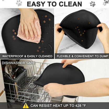 SMILOOL Silicone Pet Food Mat with Raised Edge for Food and Water Bowl, Dog Feeding Mats, Cat Food Trays for Floor Waterproof, Rubber Tray for Dogs and Cats, 19 x 12 x 0.7 Black