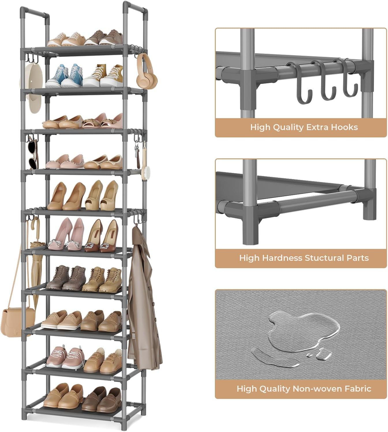 VTRIN 10 Tiers Tall Shoe Rack Holds 20-25 Pairs of Shoes Sturdy Vertical Shoe Organizer with 18pcs Hooks Stackable Narrow Shoe Rack for Closet, Entryway Black