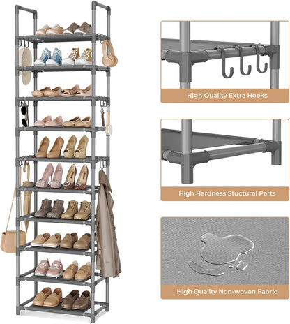 VTRIN 10 Tiers Tall Shoe Rack Holds 20-25 Pairs of Shoes Sturdy Vertical Shoe Organizer with 18pcs Hooks Stackable Narrow Shoe Rack for Closet, Entryway Black