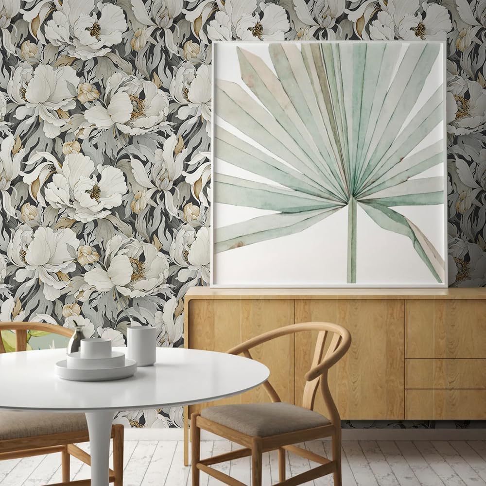 MuralPeel Dark Grey White Poppies Peony Floral Vintage Peel and Stick Wallpaper Self Adhesive Removable Easy Peel Off Stick on Wall Paper for Bedroom Cabinet Renter