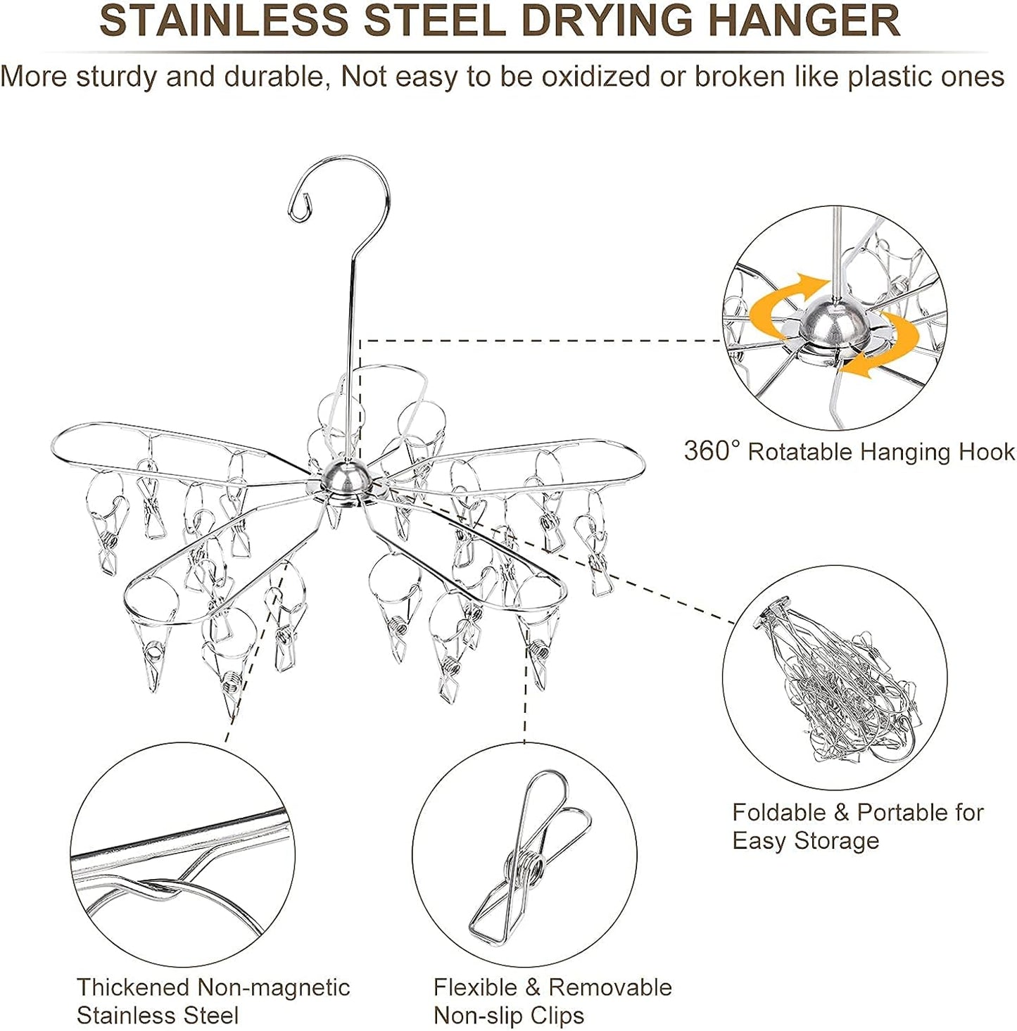 Foldable Clothes Drying Hanger Stainless Steel Underwear Drying Rack with 20 Clips, Laundry Sock Hangers for Hanging Bra, Lingerie, Hat, Scarf, Gloves, Diapers, Towels, Baby Clothes