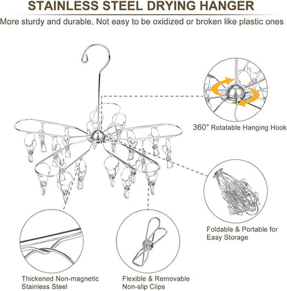 Foldable Clothes Drying Hanger Stainless Steel Underwear Drying Rack with 20 Clips, Laundry Sock Hangers for Hanging Bra, Lingerie, Hat, Scarf, Gloves, Diapers, Towels, Baby Clothes