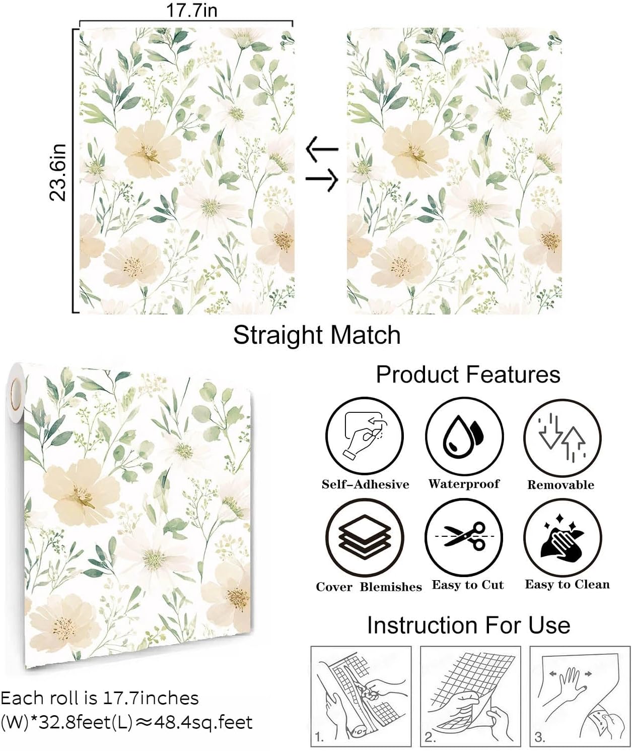 Sage Green Floral Peel and Stick Wallpaper Self Adhesive Removable Modern for Bedroom Accent Wall Renter Friendly Thick Watercolor Natural Flower Wallpaper 17.7" x 118"