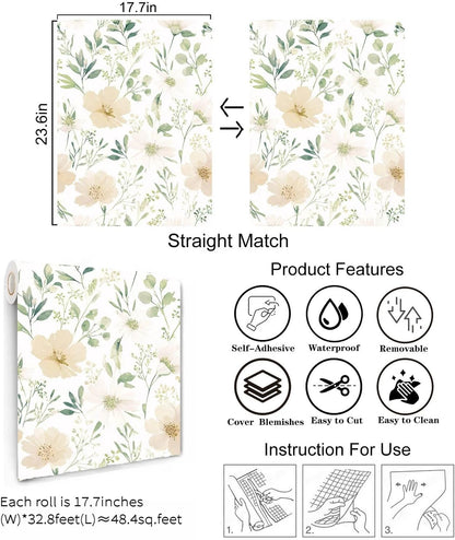 Sage Green Floral Peel and Stick Wallpaper Self Adhesive Removable Modern for Bedroom Accent Wall Renter Friendly Thick Watercolor Natural Flower Wallpaper 17.7" x 118"