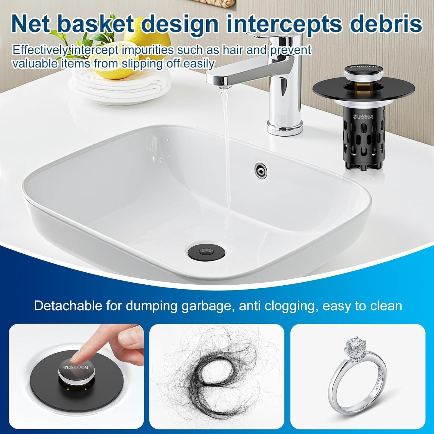 Bathroom Sink Drain Strainer,All Metal Pop-Up Sink Stopper with Removable Stainless Steel Filter Basket, Universal Bathroom Hair Catcher Fit for 1.1-2.36'' Drain (Silver, 2 Pack)