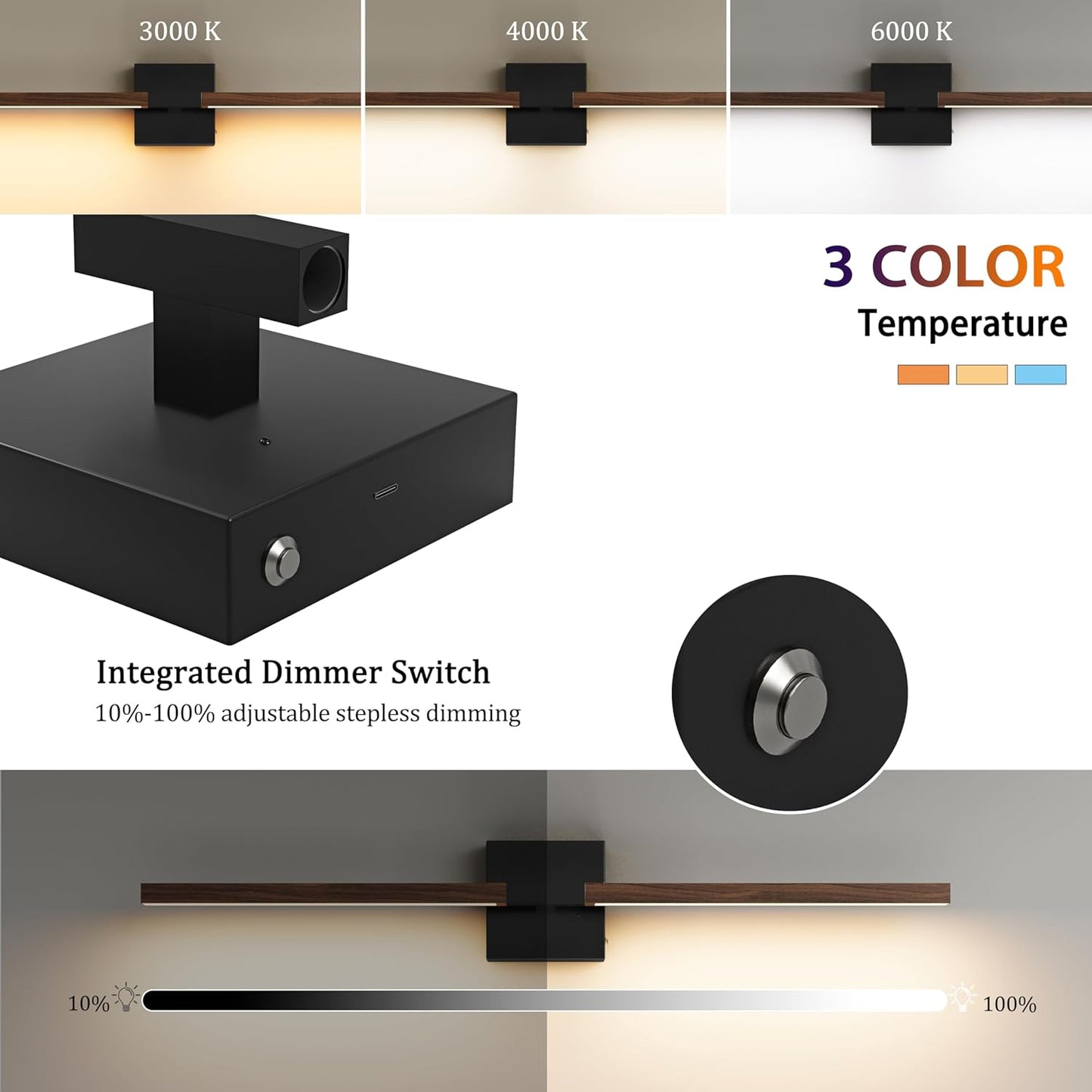 8000mAh Battery Operated Wall Sconce with Remote Control, 3000K-6000K Dimmable Black Wireless Rechargeable Wall Sconces Set of Two with Timer Function for Living Room, Bedroom, Stairwell, TV 24 Inch