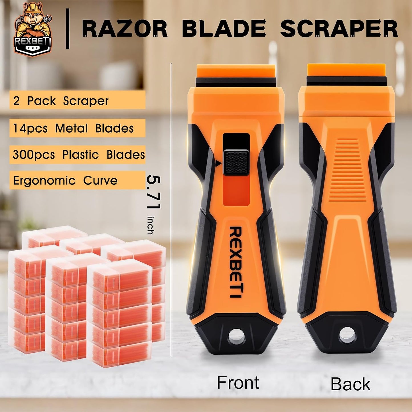 REXBETI Razor Blade Scraper Tool, 2 Pack Razor Scraper Set with Extra 80Pcs Razor Blades -30Pcs Metal and 50Pcs Plastic Blades, Cleaning Scraper Tool, Cooktop, Paint, Glass Scraper