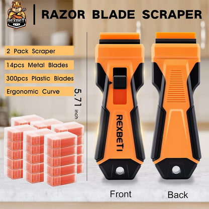 REXBETI Razor Blade Scraper Tool, 2 Pack Razor Scraper Set with Extra 80Pcs Razor Blades -30Pcs Metal and 50Pcs Plastic Blades, Cleaning Scraper Tool, Cooktop, Paint, Glass Scraper