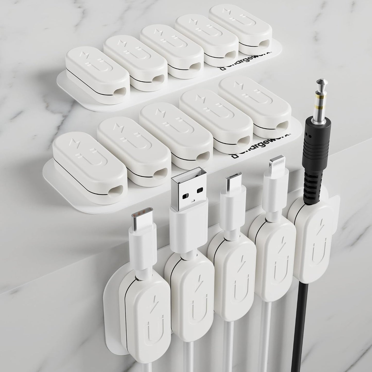 Chargeworx Magnetic Cable Clips - Cord Holder Organizer, No Drill Self-Adhesive Base, Cable Organizer, Repositionable Magnetic Clips, 5-Pack, USB-C Lightning Micro-USB, Desk Nightstand Wall Car, Black