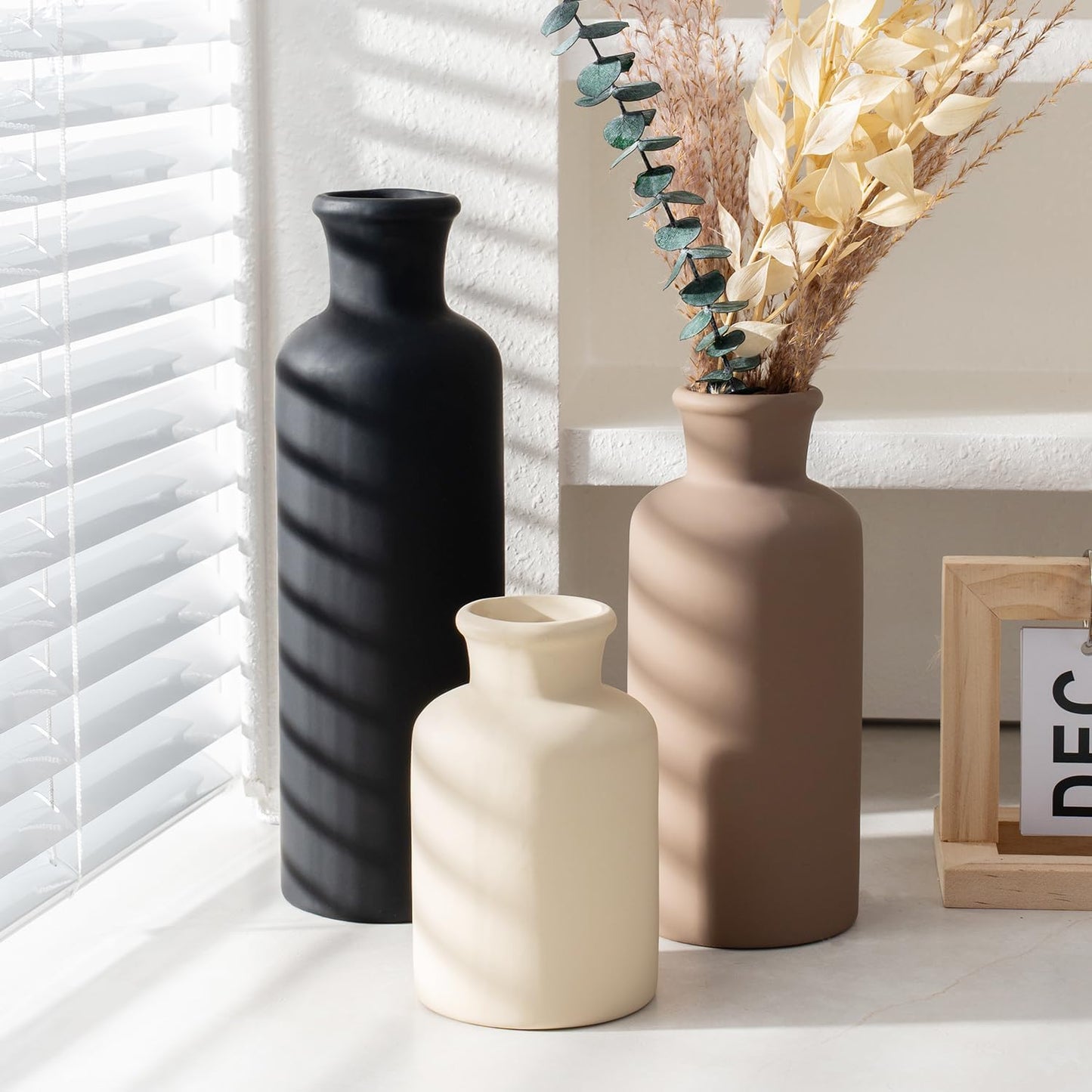 Ceramic Vase Set of 3, Modern Minimalist Neutral Home Decor, Boho Rustic Farmhouse Decorative Vases for Pampas Grass Dried Flowers | Table Centerpiece Entryway Mantel Bookshelf(Black Mix Set - Gray#1)
