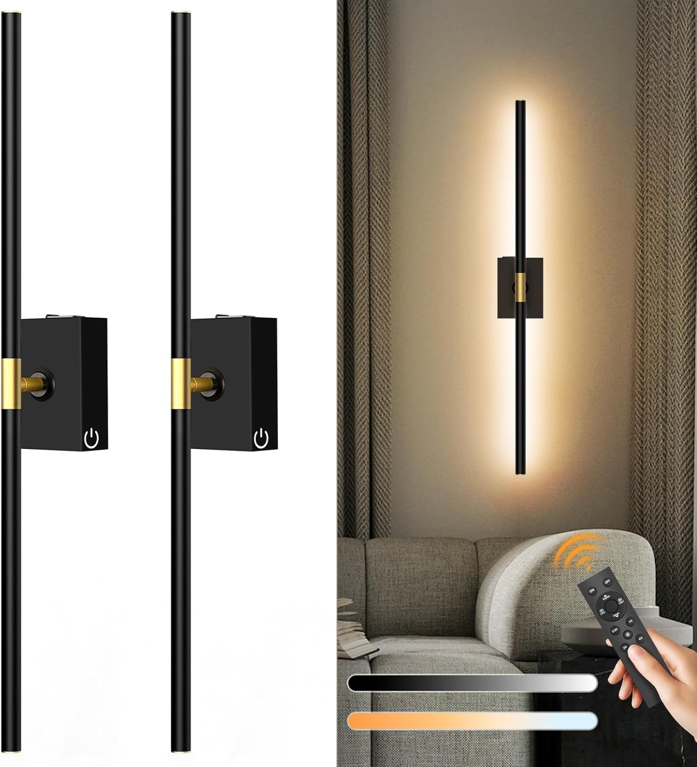 Eneru Battery Operated Wall Sconce Lights - 10000mAh Rechargeable Wireless Wall Sconces Set of Two with Touch and Remote, 360° Rotate, 4 Colors LED Wall Lamp for Living Room Bedroom Hallway (Gold)