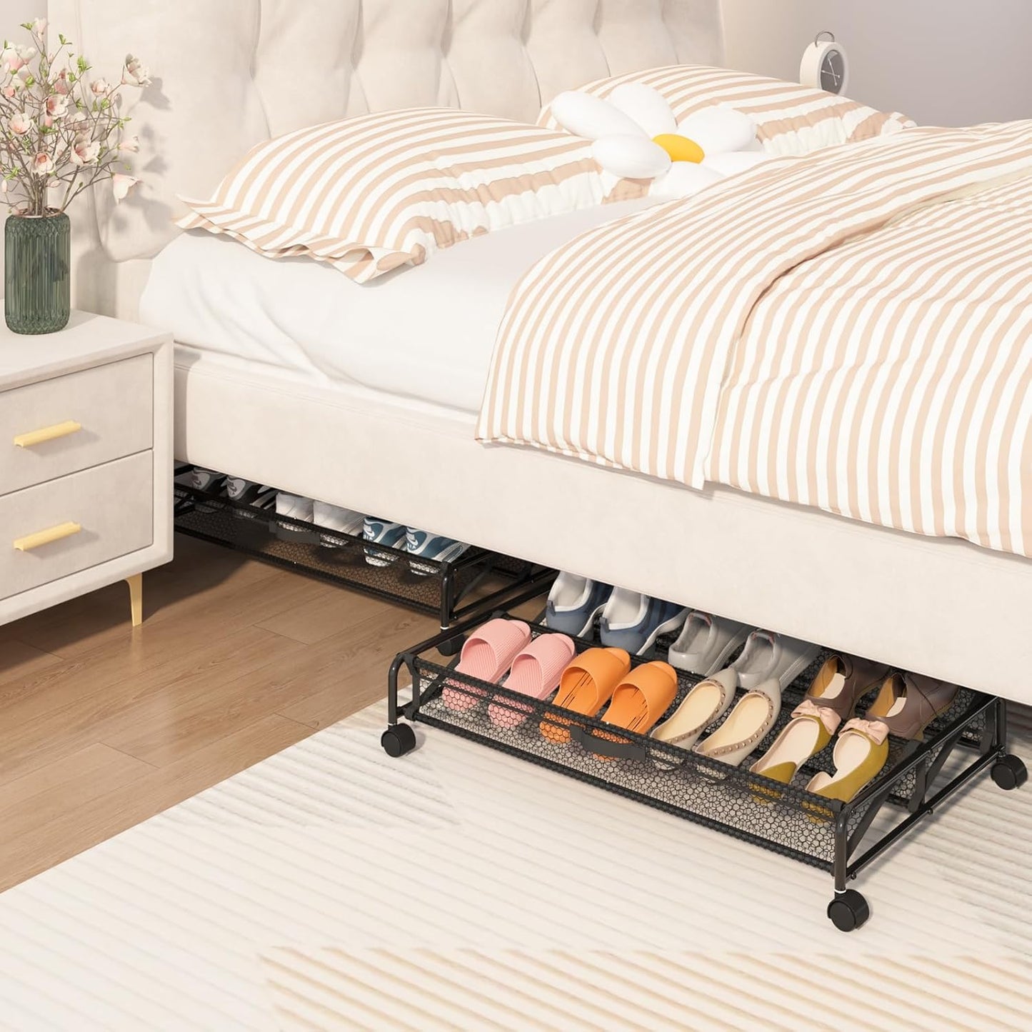 Under Bed Shoe Storage Organizer, Rolling Under Bed Storage Containers with Wheels, Under Bed Shoe Organizer Drawer Space Saving for bedroom