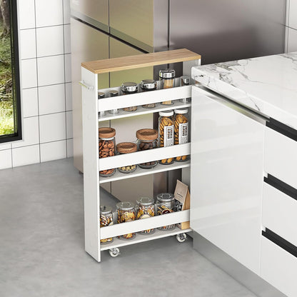 Slim Storage Rolling Cart, 4-Tier Side Out Shelving Unit with Handle, Mobile Organizer Utility Cart on Wheels for Laundry, Bathroom, Office, Kitchen, Narrow Places (White & Natural)