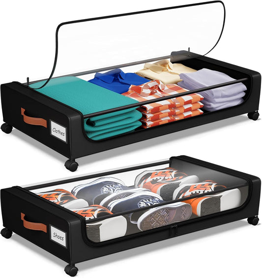 Under Bed Storage with Wheels, UnderBed Storage Containers with Clear Lid and Handles, XXL 60L Under the Bed Storage Bins Drawers for Clothes,Blankets,Shoes,Books (BLACK, 2 PACK)