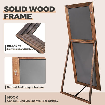 65"x22" Full Length Mirror Solid Wood Frame Floor Mirror with Stand for Living Room, Bedroom Hanging Standing or Leaning, Brown