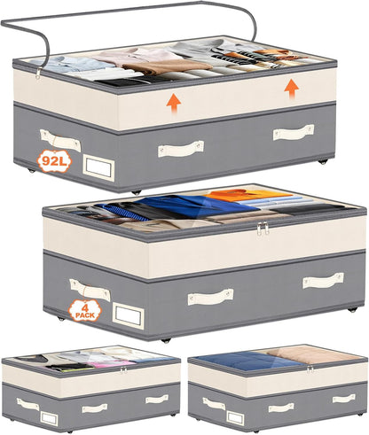 Dolicer 2 Pack Under Bed Storage with Wheels, 6in-10in Height Adjustable Underbed Storage Containers, 92L XXXL Under Bed Drawers Rolling Bin with Clear Lids for Dorm Shoes Clothes Organizers(Grey)