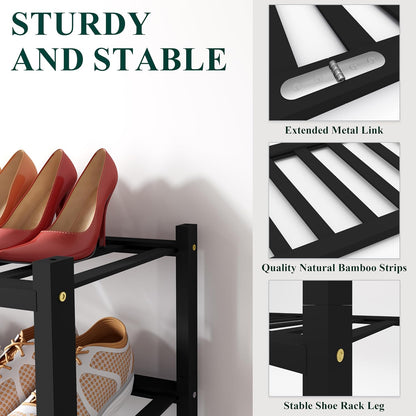 Smiry Bamboo Shoe Rack for Closet, 3 Tier Wooden Shoe Organizer, Stackable Wood Shoe Storage Shelf for Entryway, 14 Vertical Slats, One-piece Heavy-Duty Legs, 26.77"x11.02"x18.31", Natural