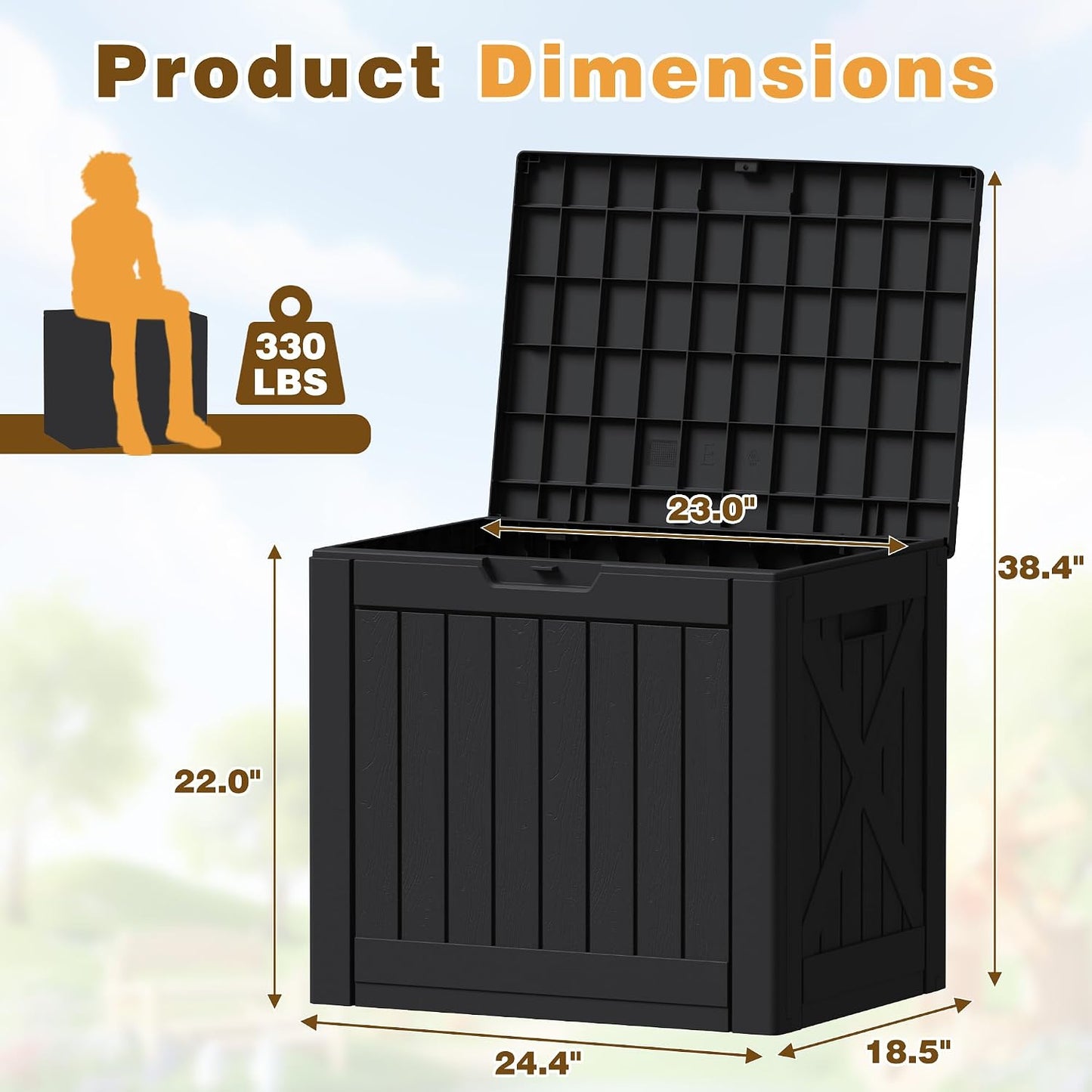 Flamaker Resin Deck Box 120 Gallon Waterproof Large Outdoor Indoor Storage Box Imitation Wood Resin for Patio Furniture Garden Tools and Pool (Black)