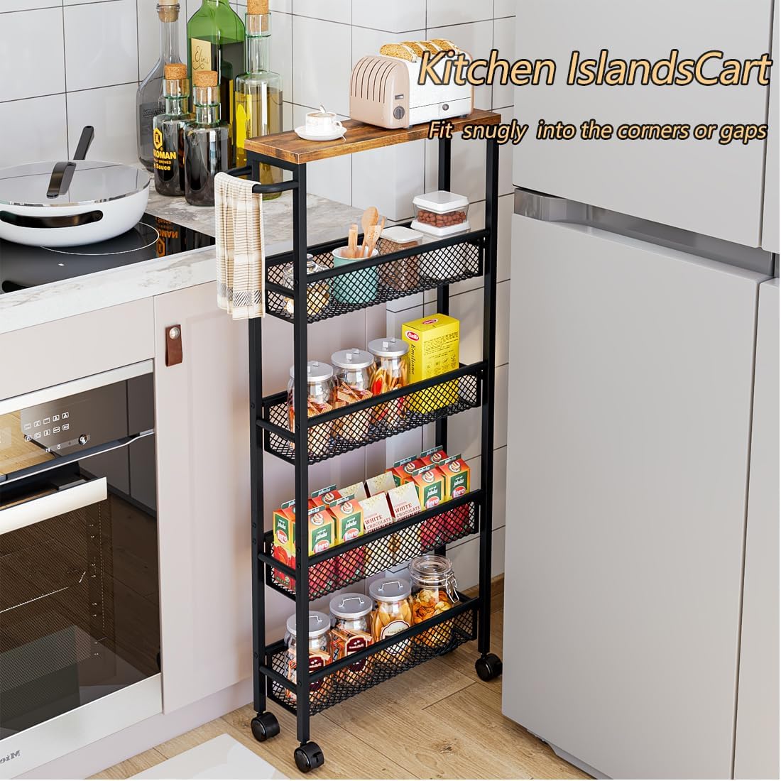 AZERPIAN Slim Rolling Cart 4 Tier Narrow Storage Cart on Wheels with MDF Board Top and Metal Handle for Small Space Kitchen Living Room Home Office Pantry Bathroom Laundry Room(16.54×5.12×30.31 inch)