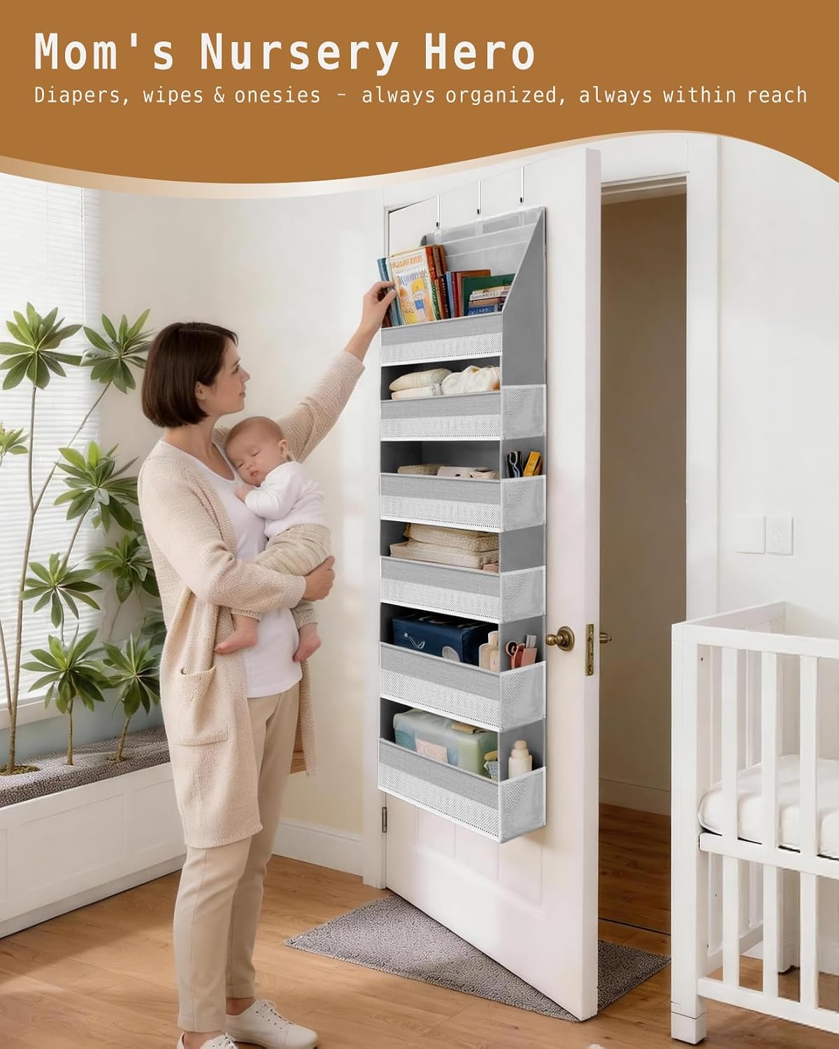 KMSCO Over The Door Organizer, 6 Large Pockets + 13 Mesh Side Pockets, Hanging Storage, 55lbs Capacity, Heavy Duty Non-Woven Fabric for Baby Nursery, Bathroom, Pantry, Closet, Beige, 1 Pack