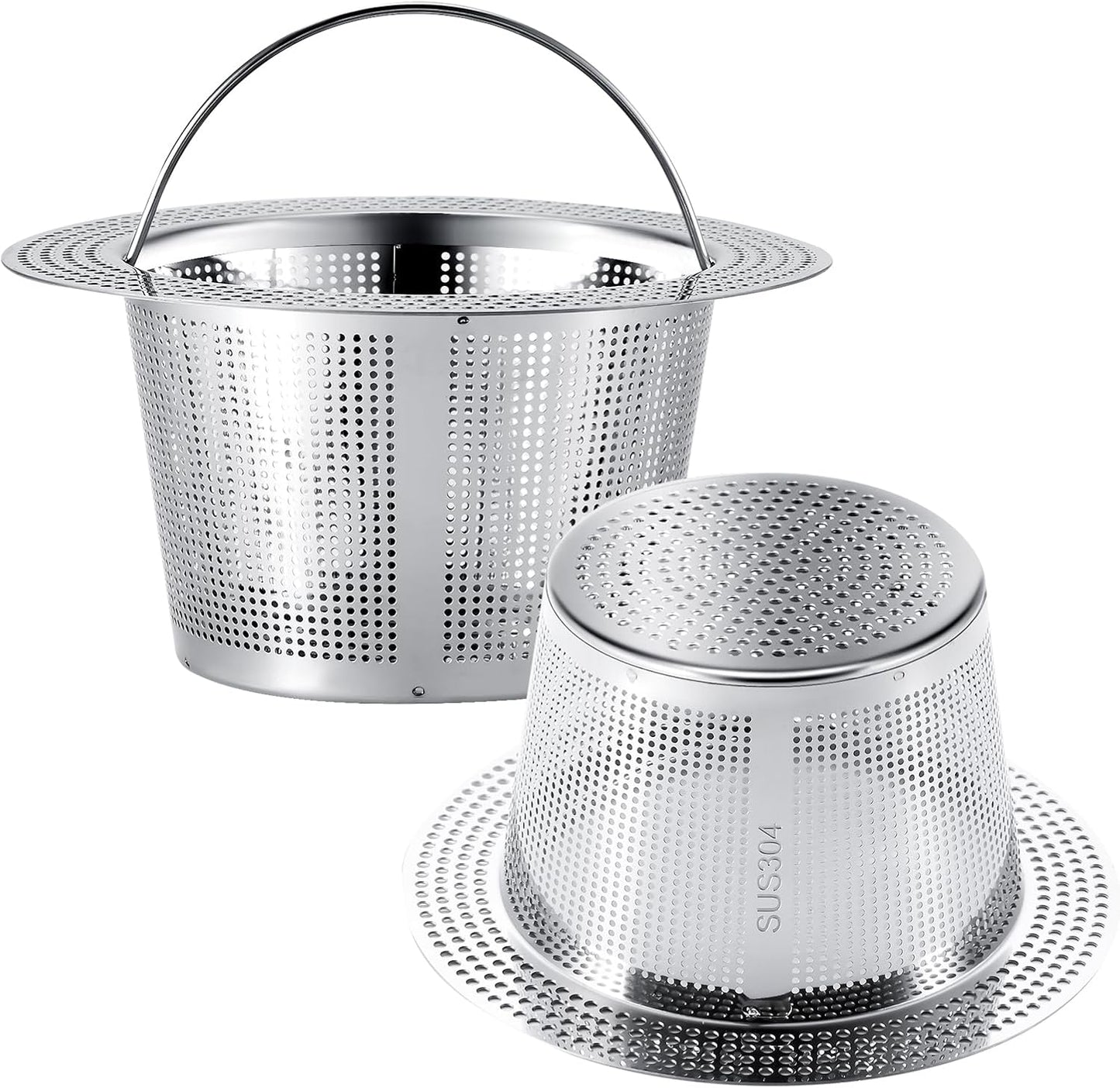 2 Pc Kitchen Sink Drain Strainer, 304 Stainless Steel with Portable Handle for Standard 3-1/2 Inch Drain, Large 4.21 Inch Basket