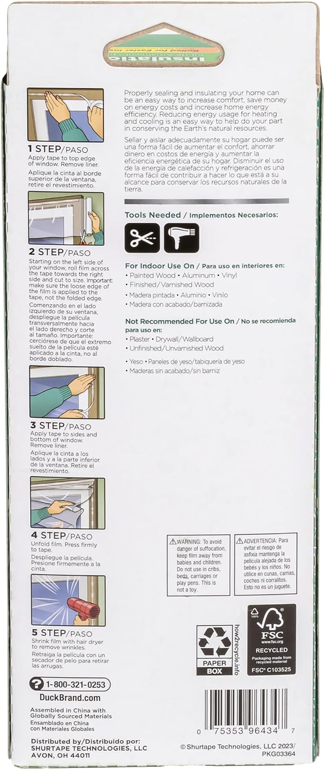 Duck Brand Winter Window Insulation Kit – Window Seal Rolled Shrink Film Covers Up to 15 3’ x 5’ Windows – Window Tape Included – Easy Indoor Installation - Clear - 15-Pack (288069)