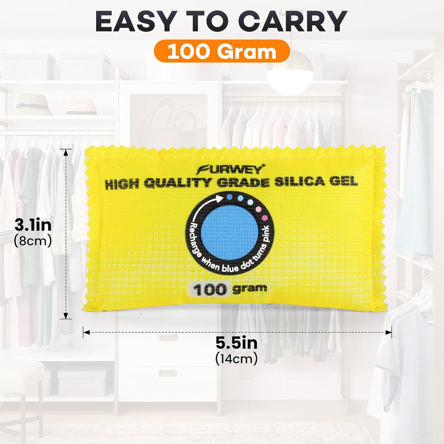 FURWEY 2 Pack Rechargeable Desiccant Packs, 100g Each, Blue, Color Indicating Silica Gel Dehumidifier Bags for Storage, Closets, Cars, Bins
