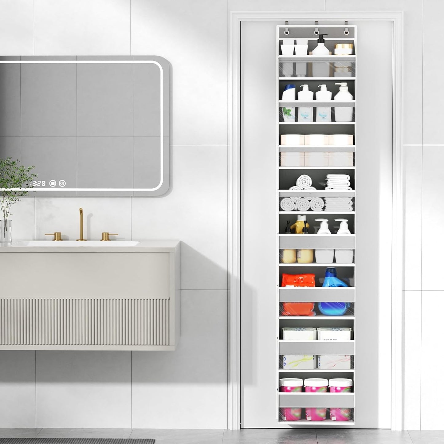 6 Tiers Over The Door Organizer, Heavy Duty Hanging Organizer Storage with Large Capacity Pockets, Behind Door Storage Hanging Shelves for Closet Wall Bathroom Bedroom Nursery Pantry, 1 Pack Grey
