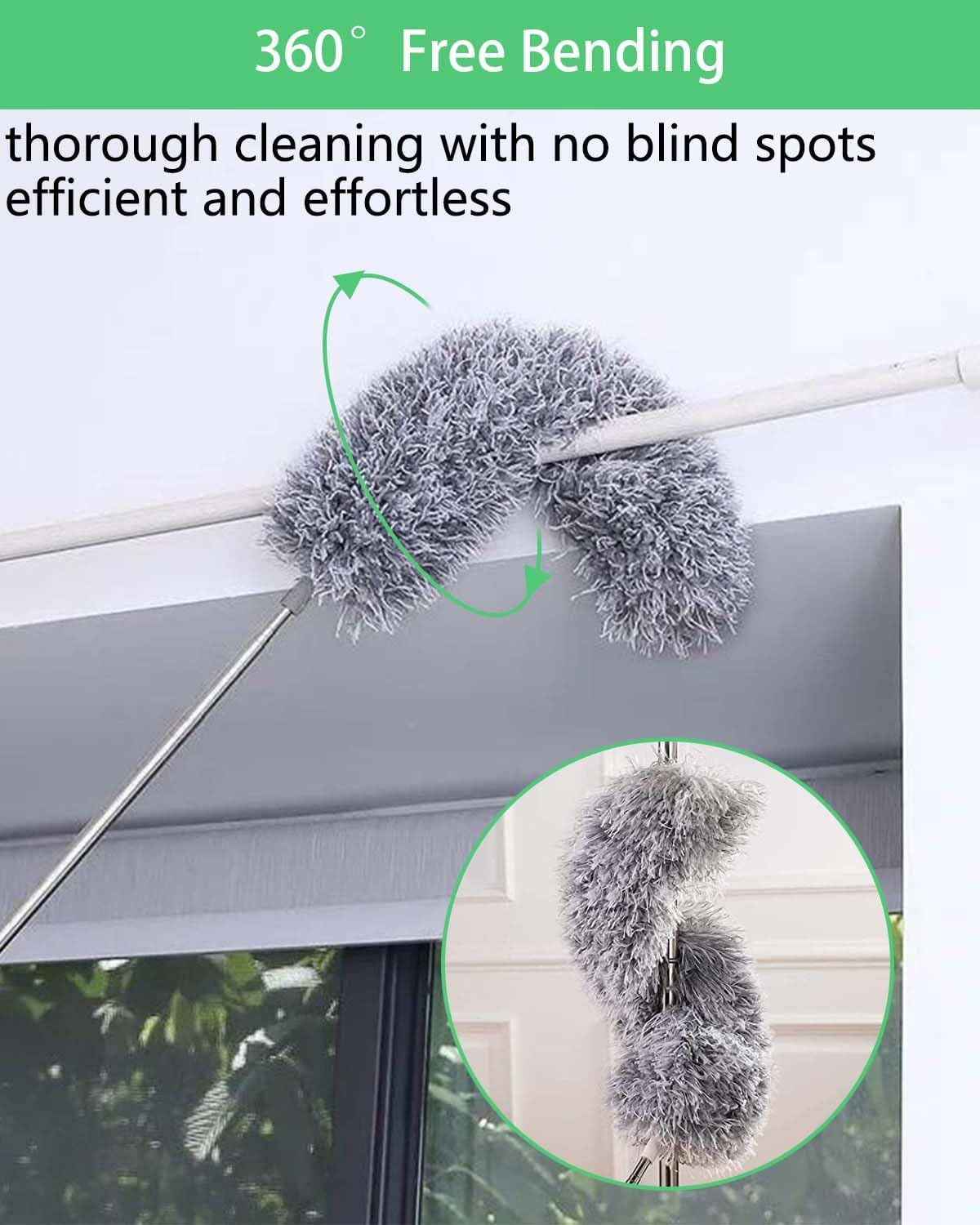 110" Extendable Feather Duster with Extension Pole, Ceiling Fan Cleaner Duster for High Ceiling, Bendable Microfiber Head, Long Handle Duster for Cleaning Fan, Furniture, and Cars (3 replaceable head)