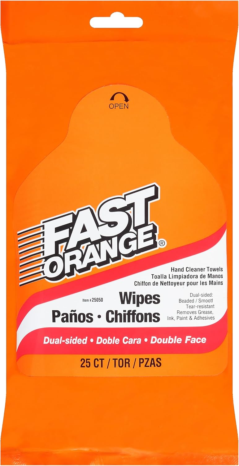 Fast Orange Heavy Duty Scrubbing Towels Removes Tough Grease, Grime, Paint, Resins, Glue and More, for Hands, Tools and Surfaces Without Sticky Residue, 72 ct