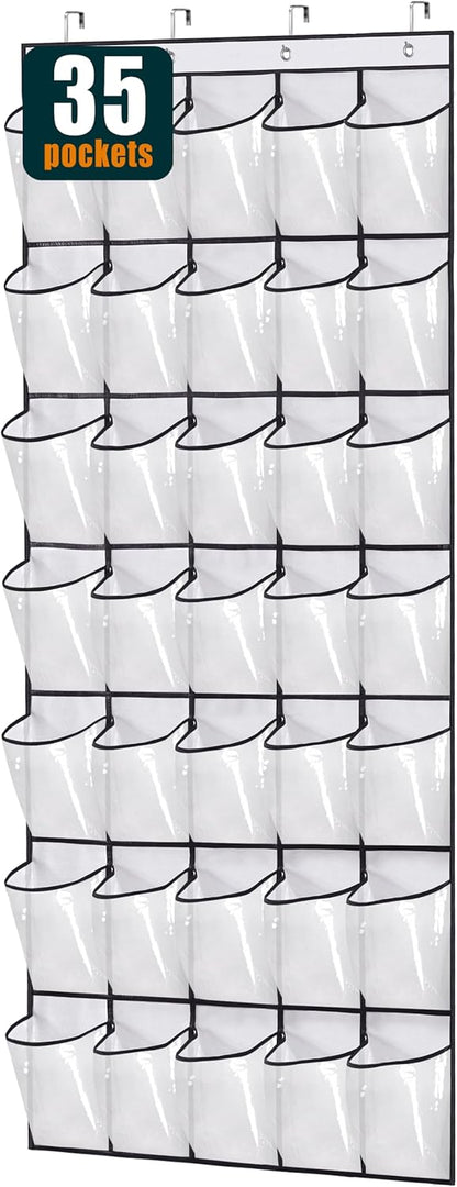 MISSLO 35 Clear Large Pockets Over The Door Shoe Organizer Sturdy Oxford Fabric Hanging Shoe Rack Closet Shoe Holder Hanger, White