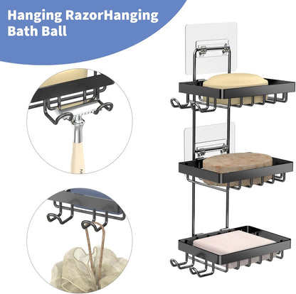 Moforoco Double Soap Bar Holder for Shower, No Drilling, 304 Stainless Steel, Wall Mounted Soap Holder with 4 Hooks and Razor Holder, Shower Rack Soap Tray Bar Soap for Bathroom Accessories Organizer