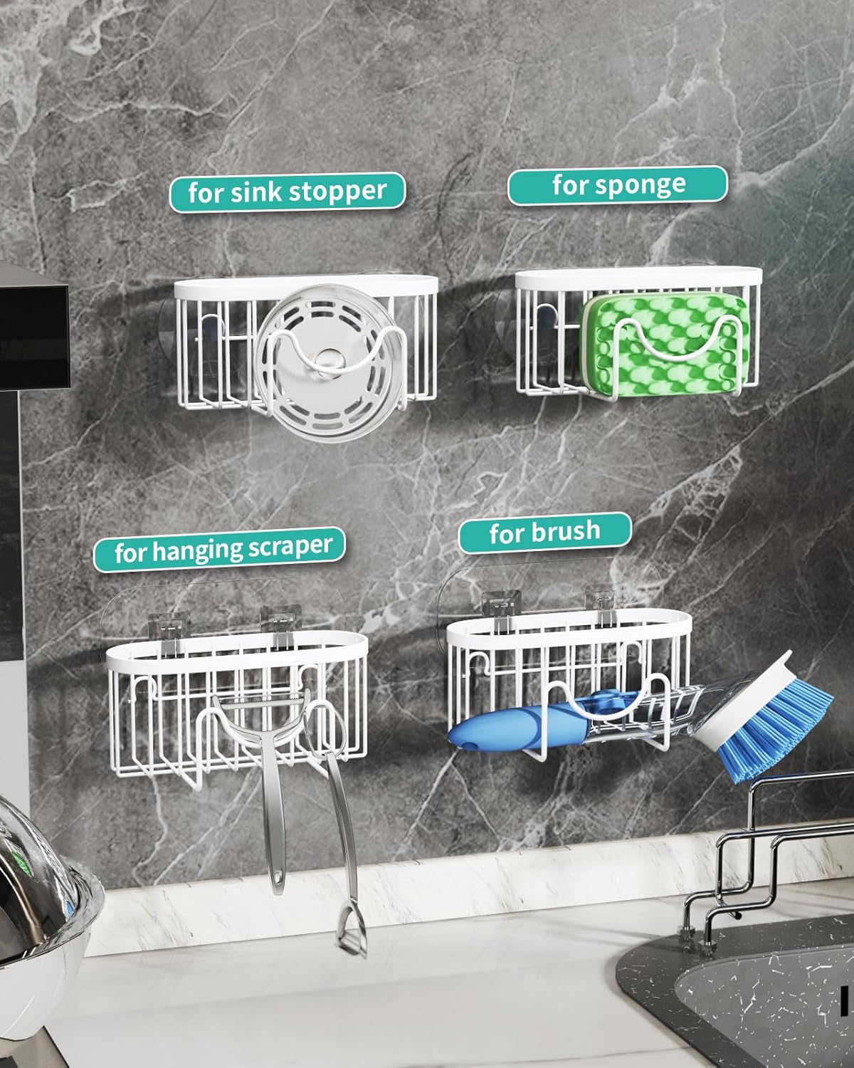 HapiRm Multifunctional Sponge Holder with Unique M-Shaped, 2 Installation Methods Kitchen Sink Caddy Organizer, Rustproof Stainless Steel Kitchen Organizers and Storage Essentials - Black